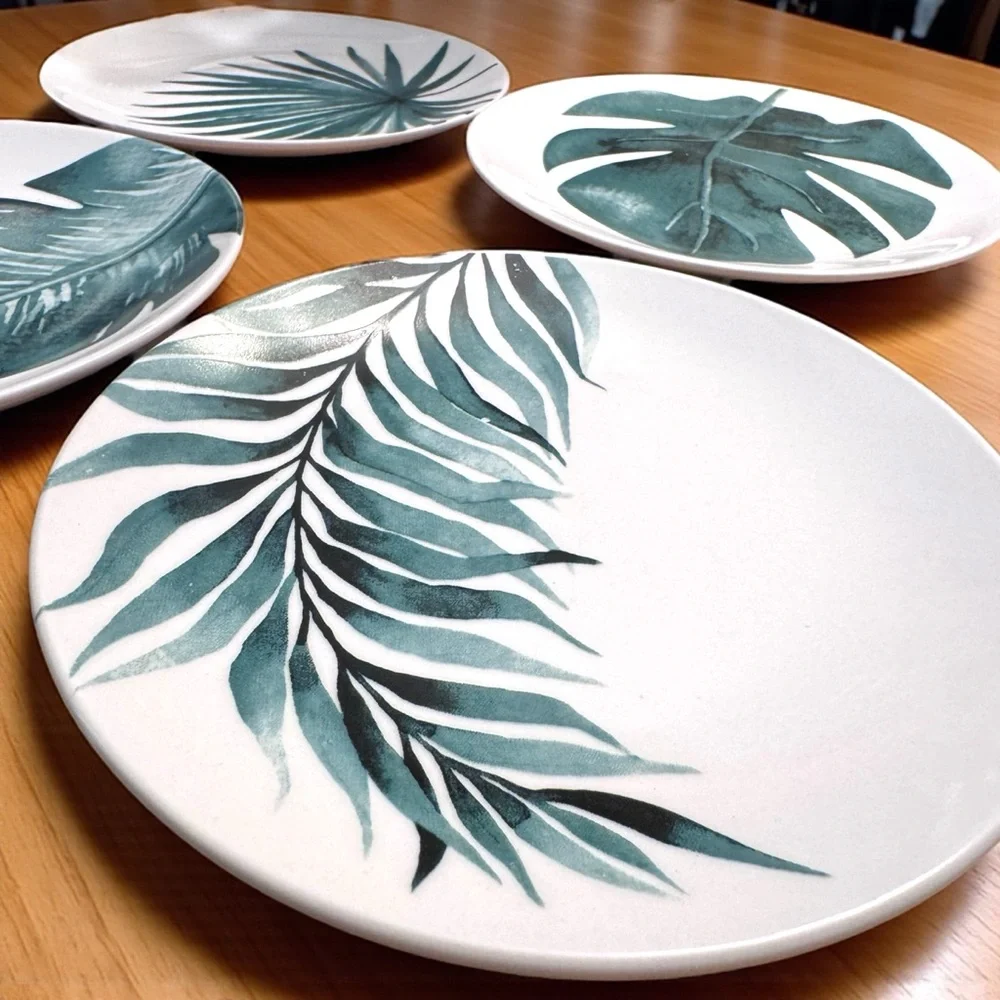 Trueliving Tropical Leaf Ceramic Plate Set 4pc Boho Palm Monstera NWT